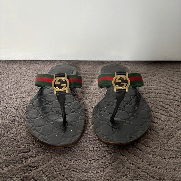 Gucci Interlocking GG Web Stripe Thong Sandals Black Flat Flip Flop Size EU 36.5 - Picture 2 of 10